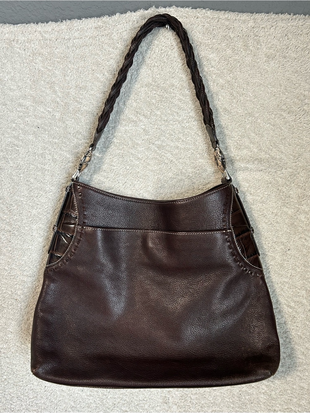 Brighton Brown Shoulder Bag Braided Strap Zip Closure Silver Hardware Bag Charm